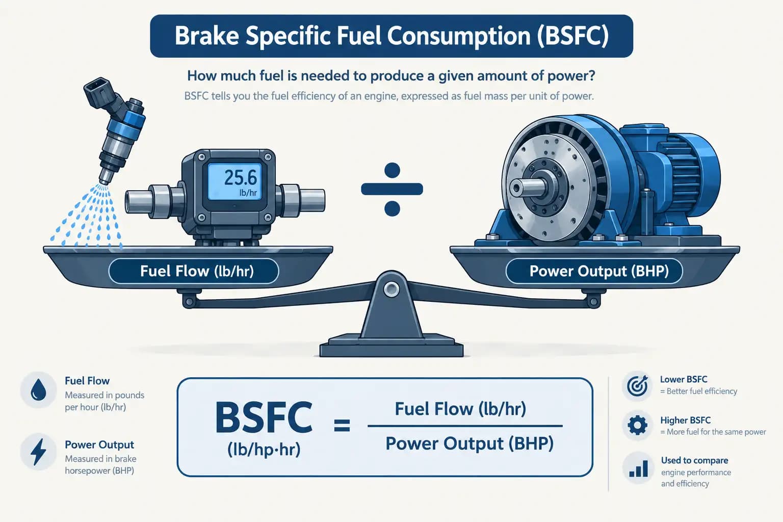 Technical diagram showing the brake specific fuel consumption formula dividing fuel flow by engine horsepower.
