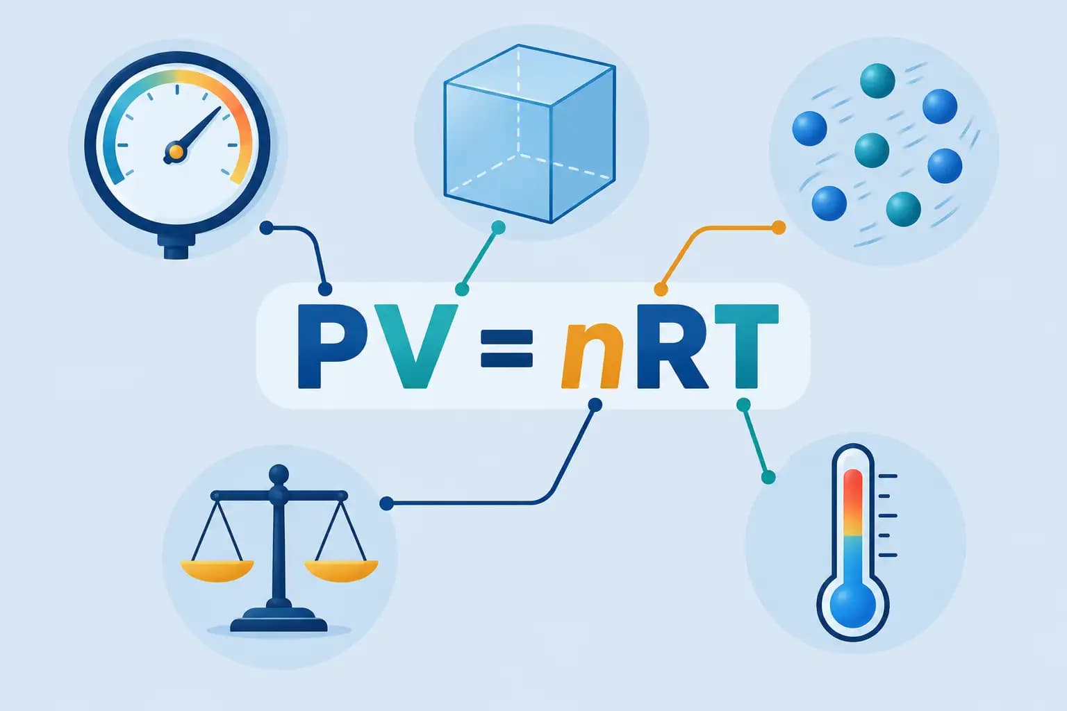 Diagram breaking down the variables of the ideal gas law formula PV equals nRT with measurement icons.