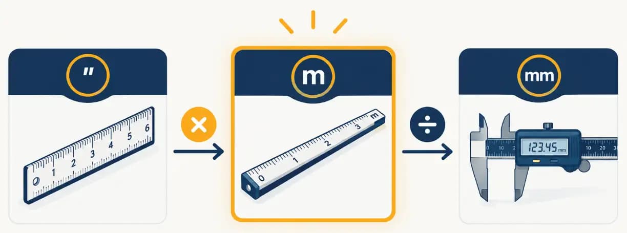 Length converter process flow illustrating metric and imperial conversions using base meters.