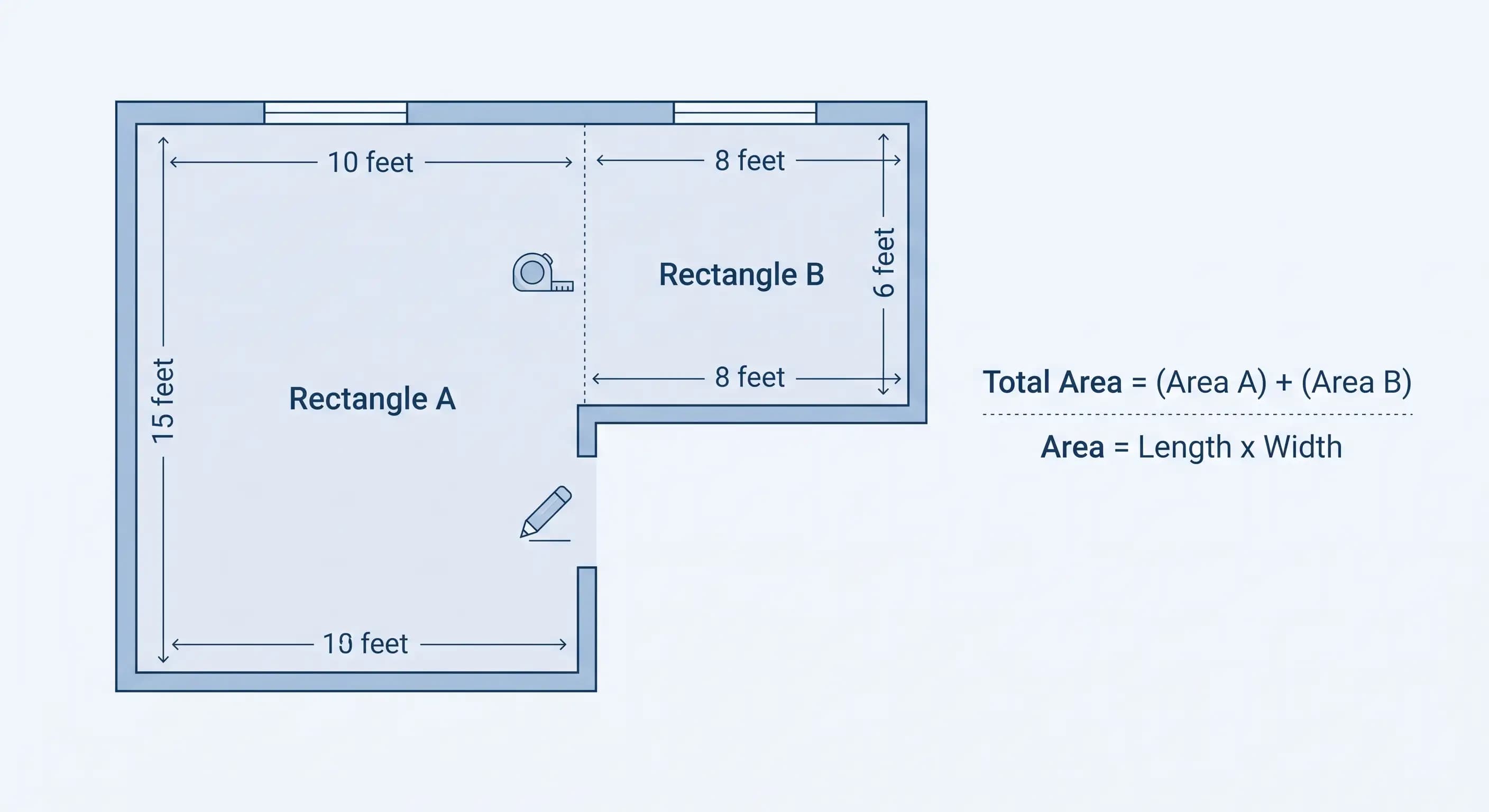 Diagram showing how to split an L-shaped room into two smaller rectangles to calculate flooring square footage.