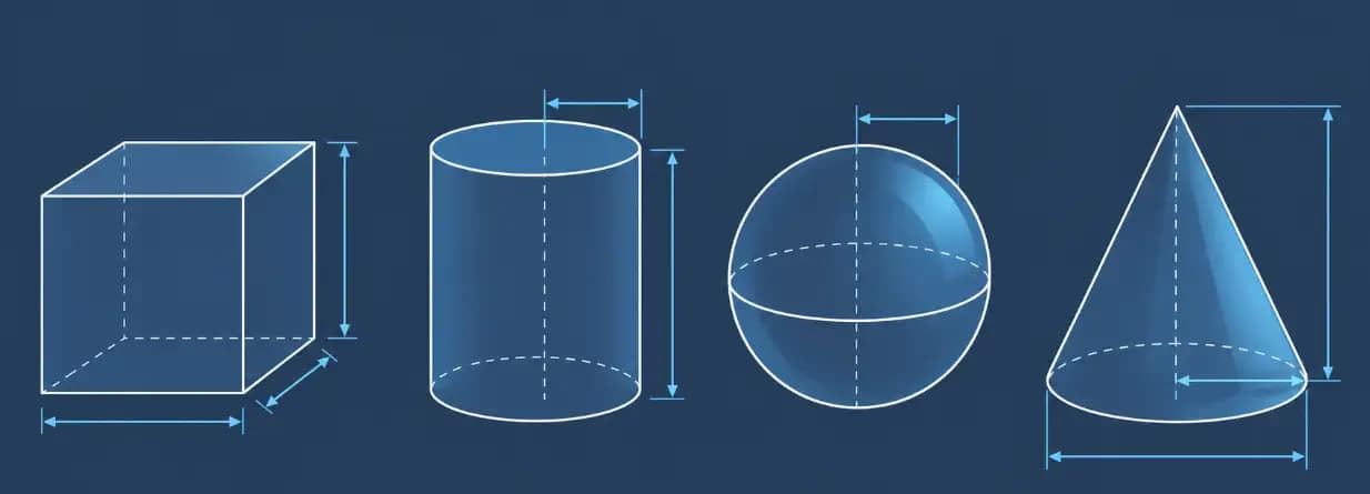 Volume calculator geometric diagrams showing dimensional variables for four 3D shapes